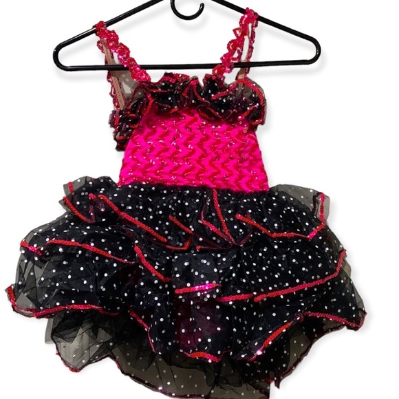 Girls one piece hot pink and black w/ polka dots sequined tutu with skirt - Picture 1 of 6